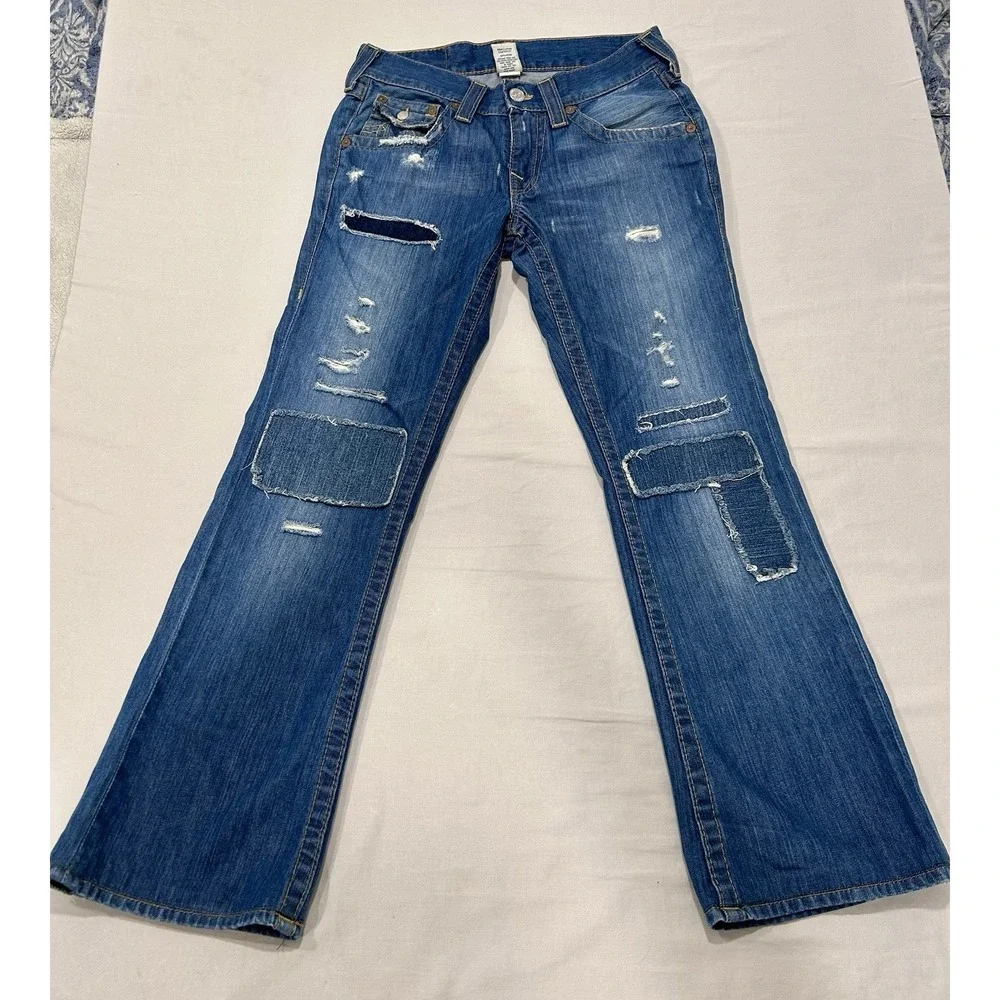 True Religion Billy Patchwork Distressed Jeans Mens 30 x31 Made in USA Blue Med